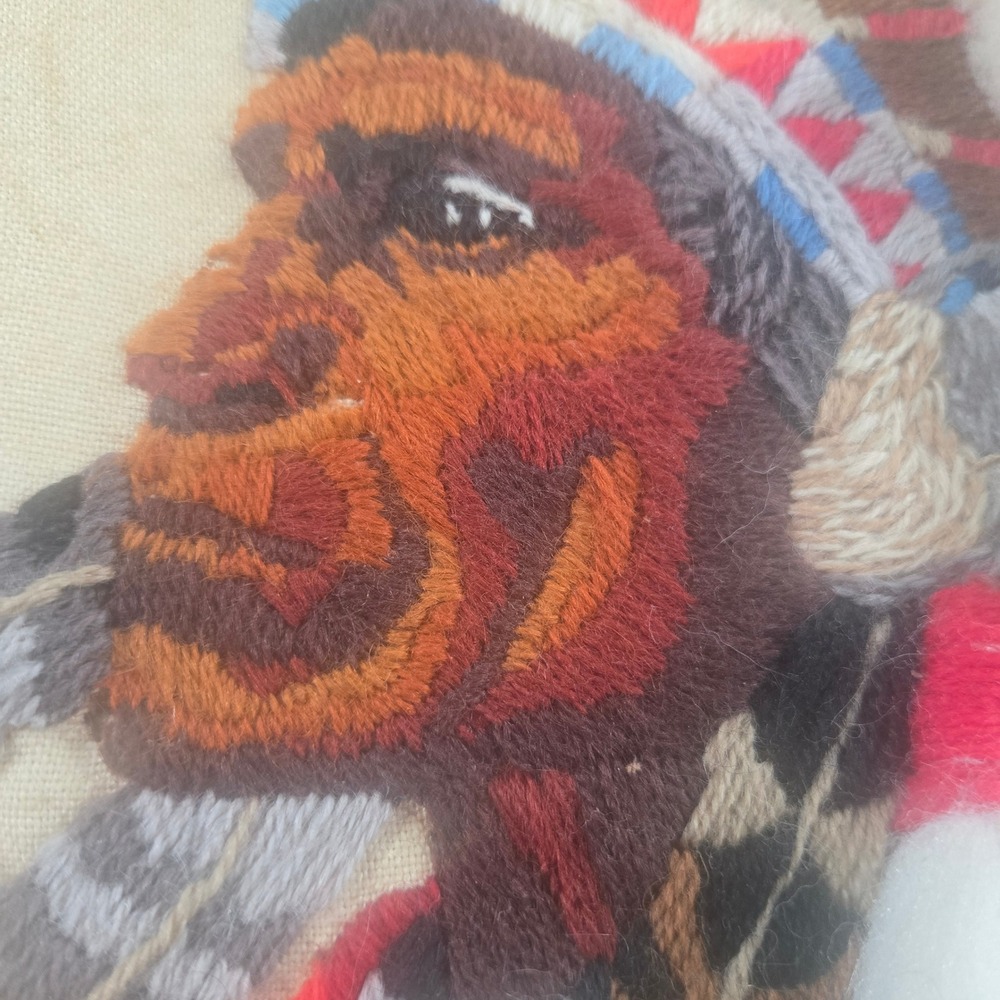 Vintage 1981 Hand Embroidery Needlepoint Native American Chief Framed Wall Art - Picture 3 of 16
